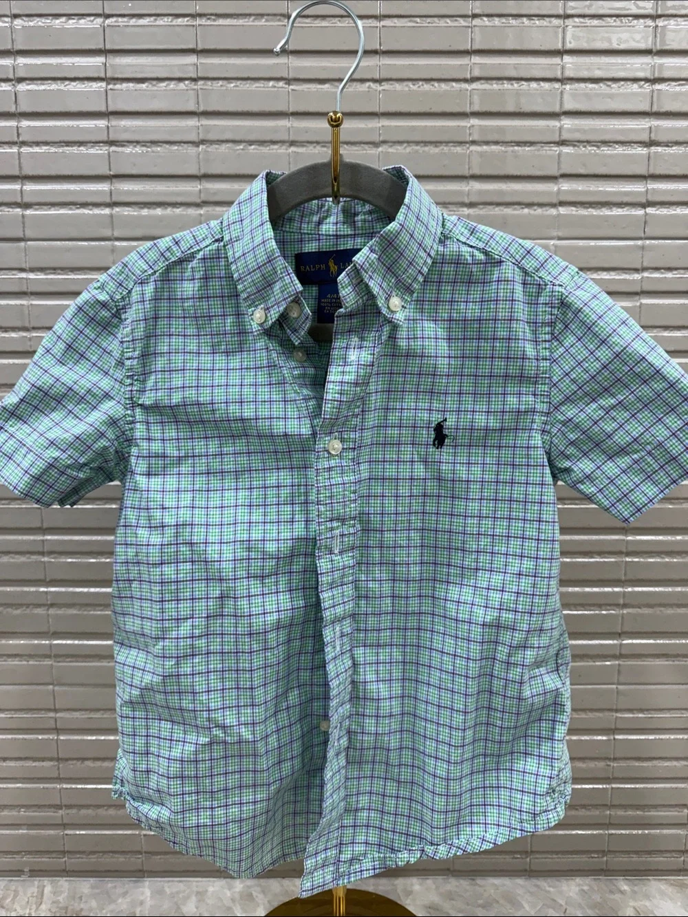 Ralph Lauren Light Green and Blue Plaid Short-Sleeve Button-Down Shirt